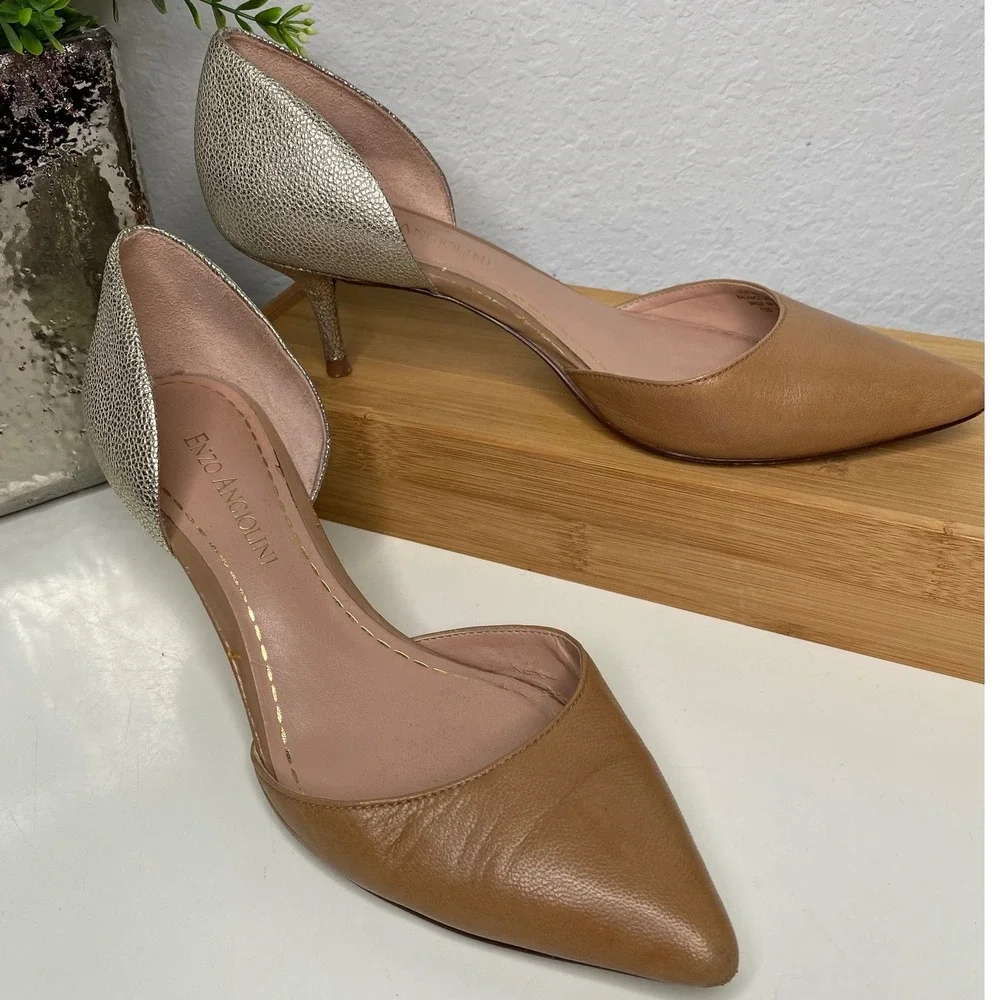 Enzo Angiolini Gabrino d'Orsay Pumps Tan Gold Leather Metallic Kitten Heel 6.5M
